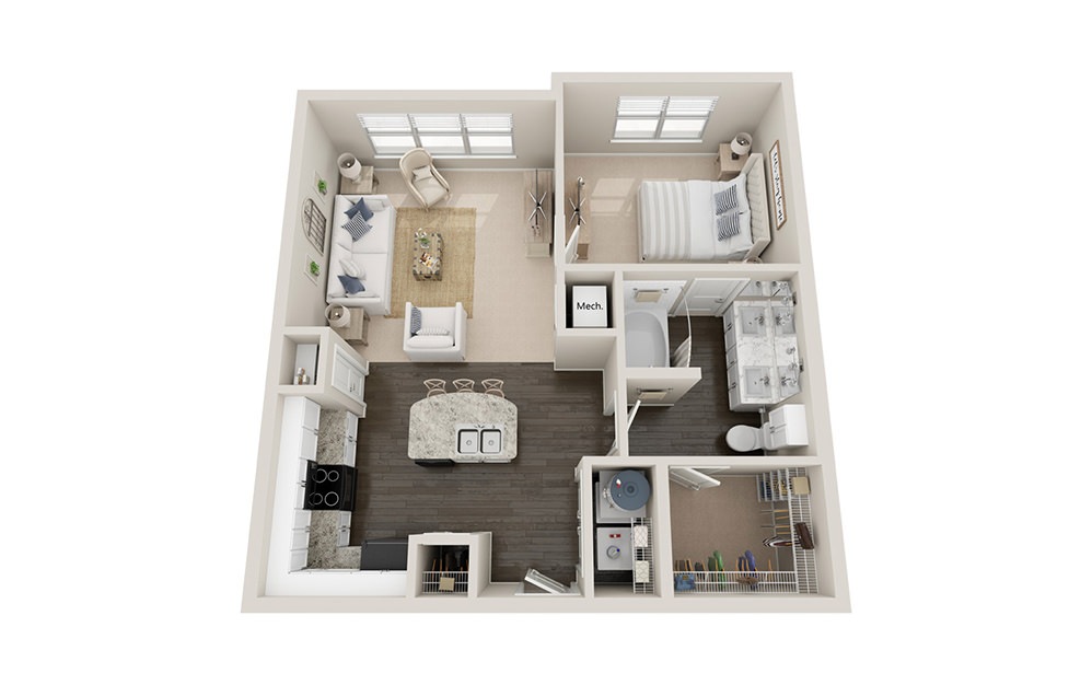A2 - 1 bedroom floorplan layout with 1 bath and 710 square feet.