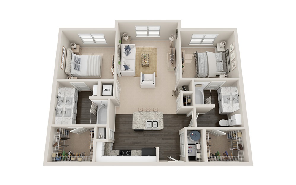B1 - 2 bedroom floorplan layout with 2 baths and 1040 square feet.