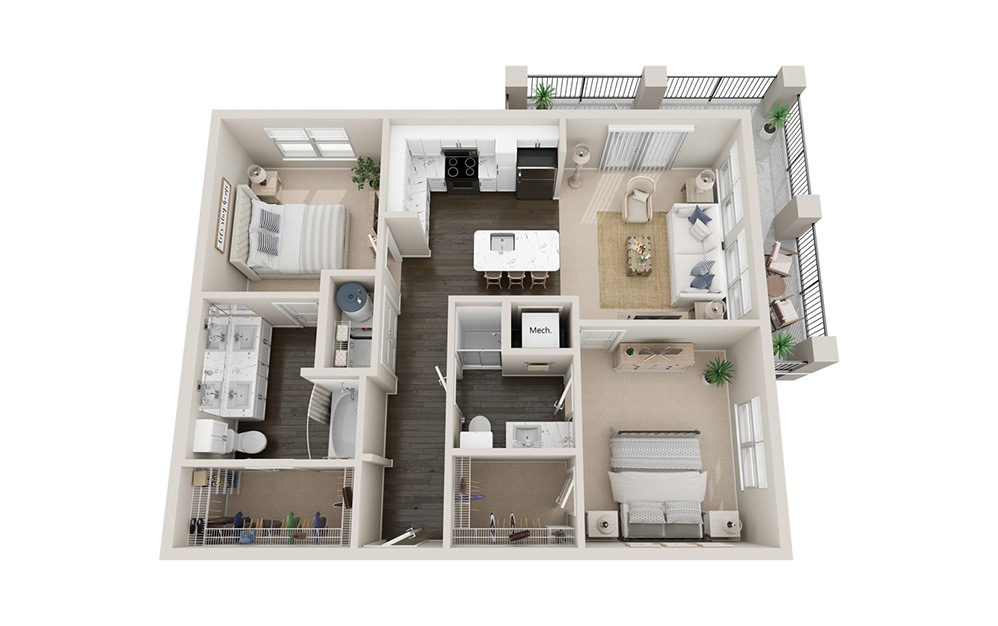 B2t P - 2 bedroom floorplan layout with 2 baths and 1250 square feet.