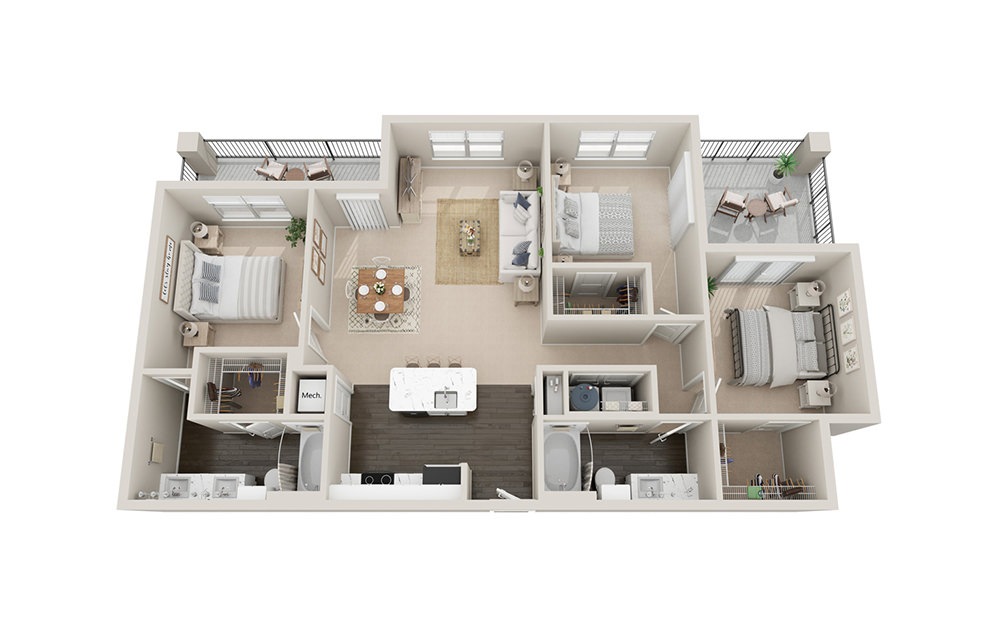 C1t P - 3 bedroom floorplan layout with 2 baths and 1440 square feet.